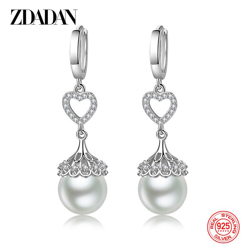 925 Sterling Silver Pearl Heart Dangle Earrings for Women Fashion Wedding Jewelry Gift