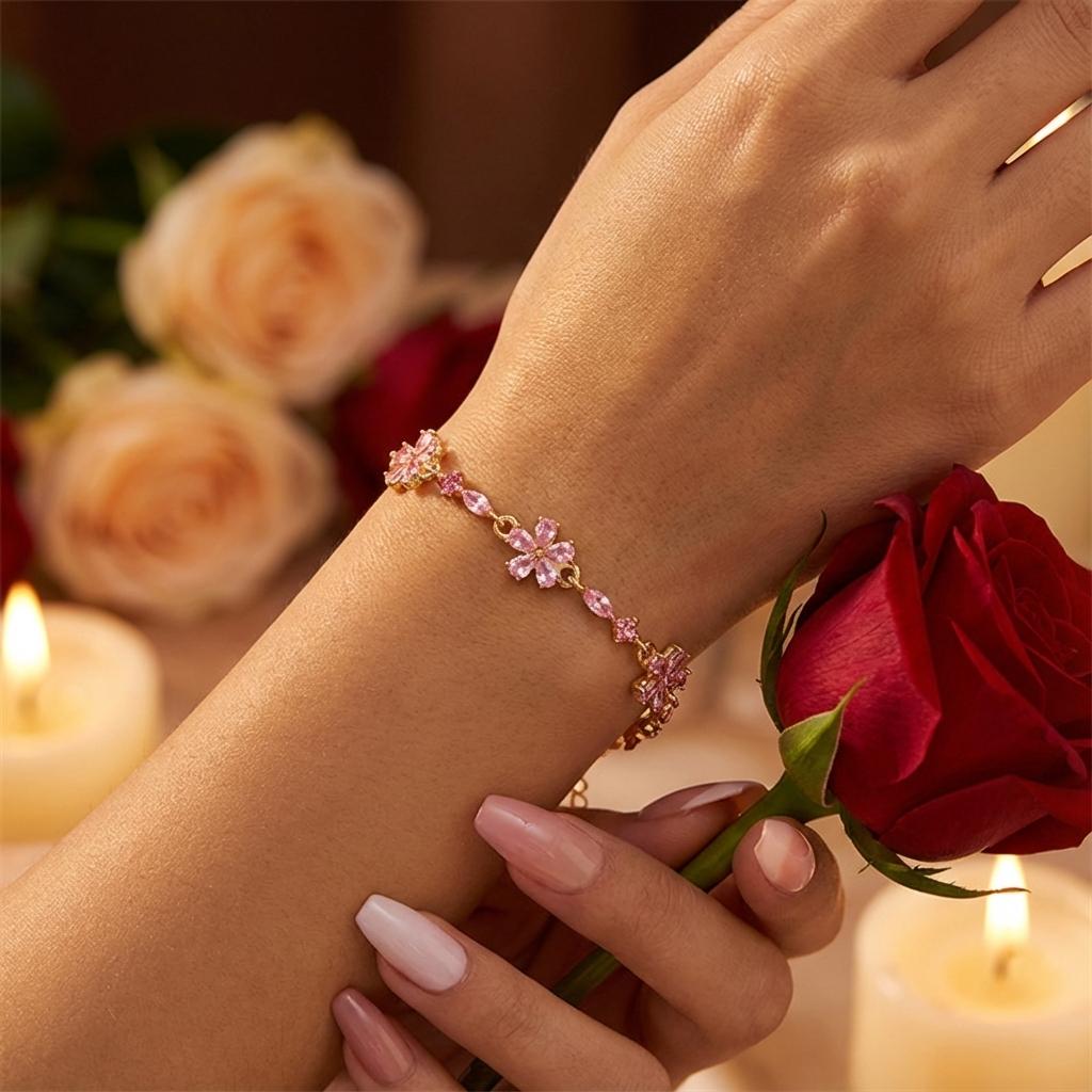Romantic Colorful Crystal Flower Bracelet for Women Delicate Gold Color Cherry Blossom Chain Aesthetic Jewelry Valentine Gift