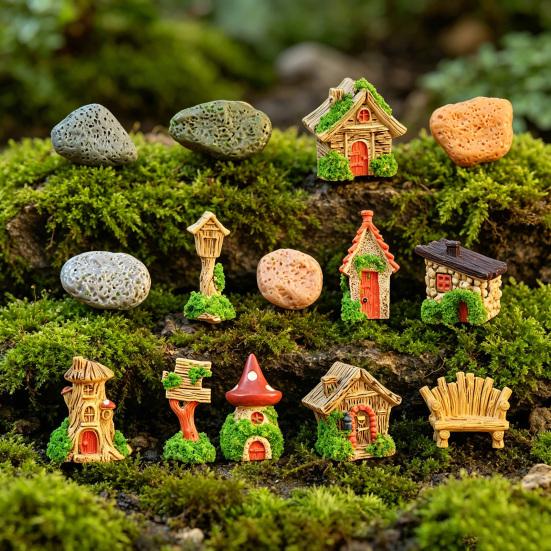 Mini Cartoon House Figurine Miniature Road Sign Chair Stone Letter Box Mushroom Statue House Micro Landscape Fairy Garden Decoration