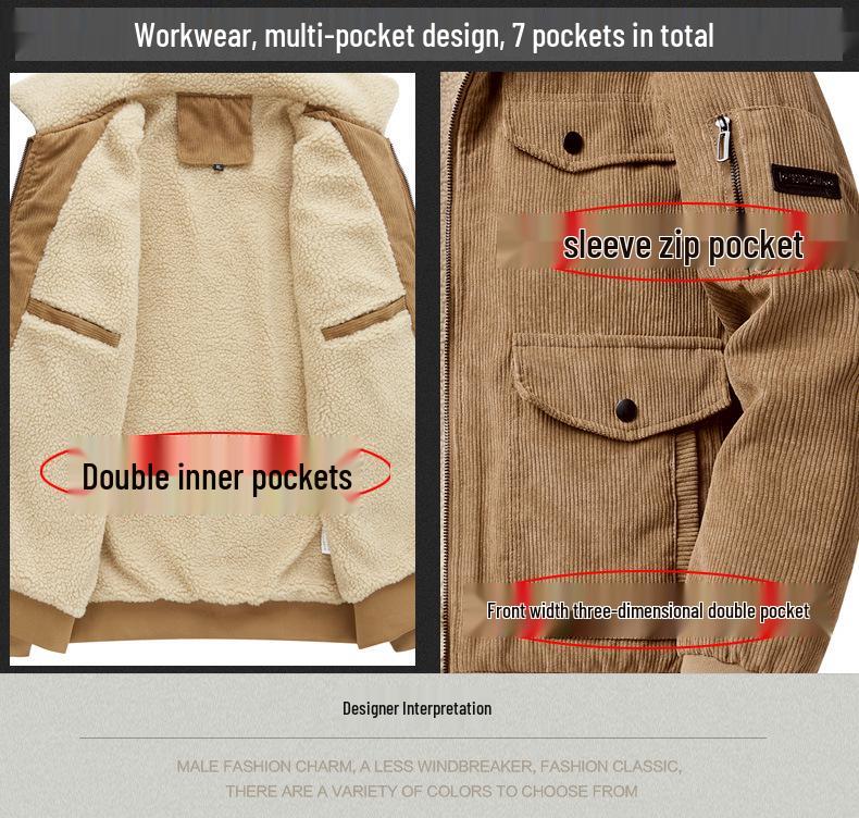 Men's Autumn/Winter 2025 Corduroy Lambswool Jacket - Thickened Warm Outerwear for Middle-Aged Men