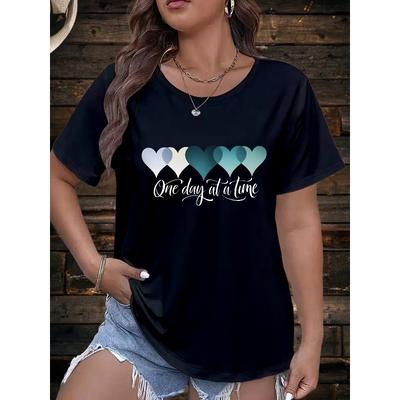 Europeisk Storlek Plus Size, Hjärtmönster Europeisk och Amerikansk Stil Plus Size Mode Rund Hals Kortärmad T-shirt Dam Pullover