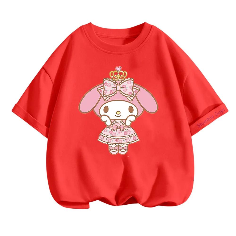 Kawaii My Melody Sanrio Short Sleeve T-shirt 3-14Y Kids Summer Casual Tops Boys Clothes Girls
