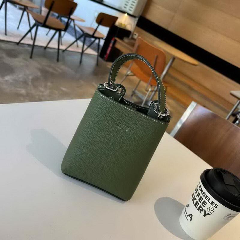 2025 New Genuine Leather Women's Bag Top Layer Cowhide Mini Bucket Bag Color Blocked Tote Phone Bag Hand-held Single Shoulder Diagonal Cross