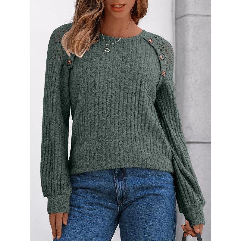 Women's Round Neck Solid Color Hollow Button Long Sleeved Casual Patchwork Top