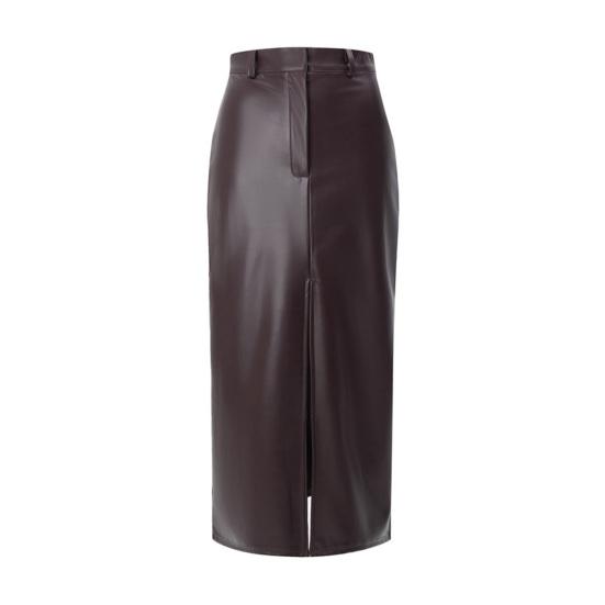 Faux Leather Maxi Skirt Solid Color High Waist Slit Hem Maxi Skirt Windproof Velvet Lining Straight Fit Long Skirt