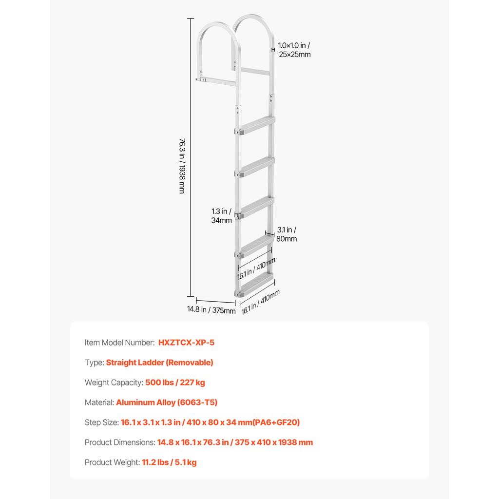 SucceBuy 3/4/5 Steps Removable Dock Ladder 500 lbs Pontoon Boat Swim Ladder with Non-Slip Wide PP Steps for Lake Marine Boarding
