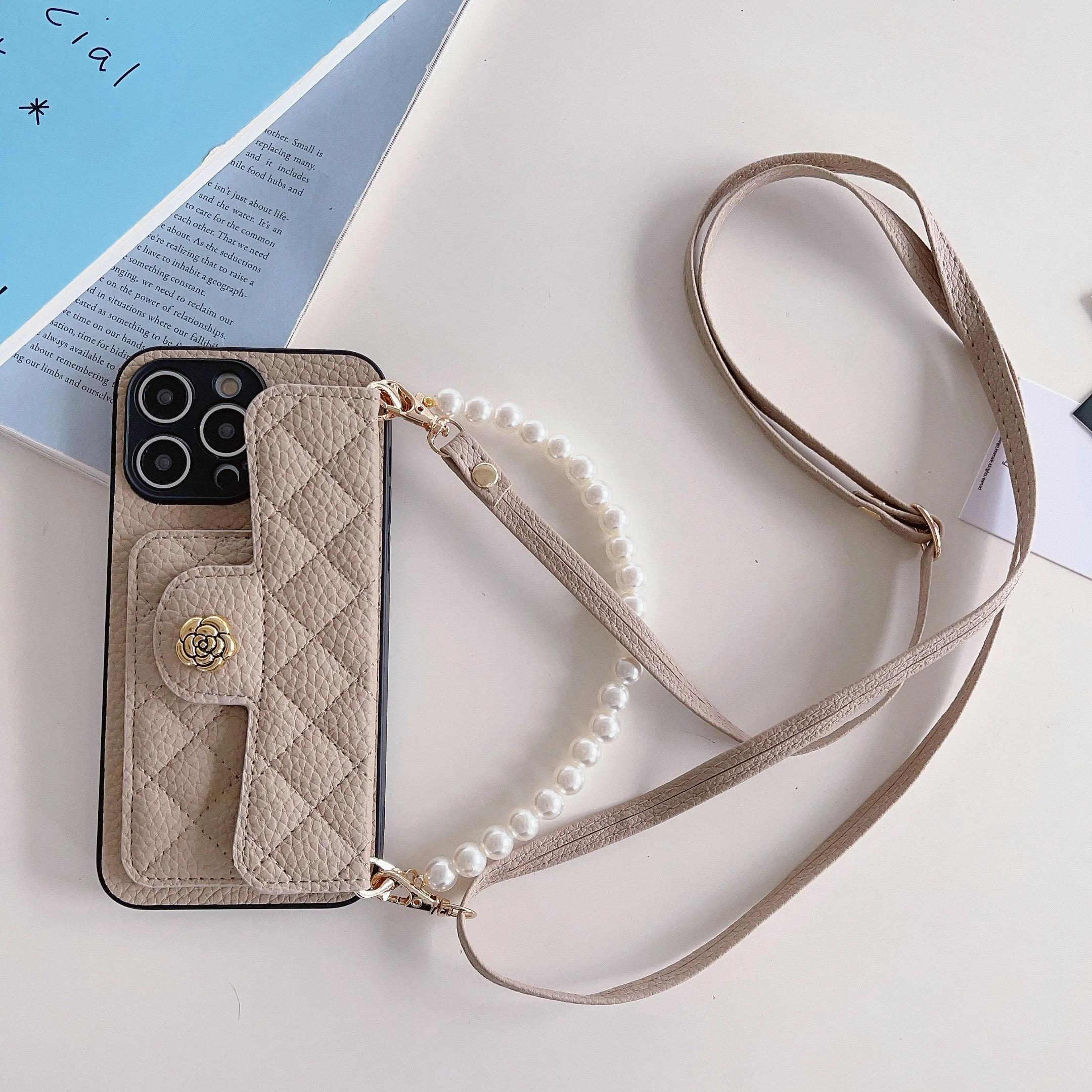 

Crossbody Pearl Wristband Phone Case for IPhone 12 Mini 16 Plus 15 14 13 11 Pro Max XR XS Wallet with Card Holder Leather Cover For iPhone 16