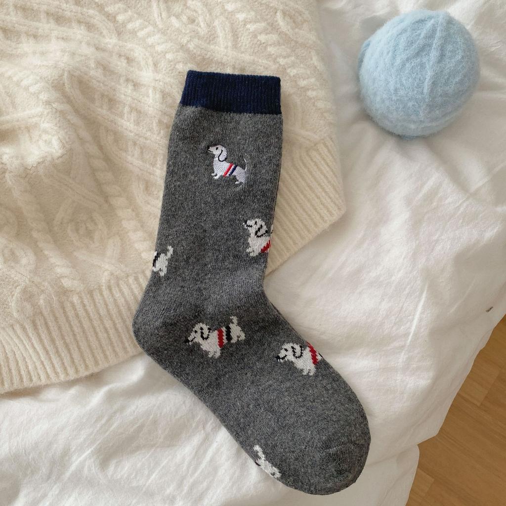 Socks Girls Thickened Plush Stripe Embroidery Cartoon Puppy Mid-Leg Socks Trendy Cute Pile Of Socks