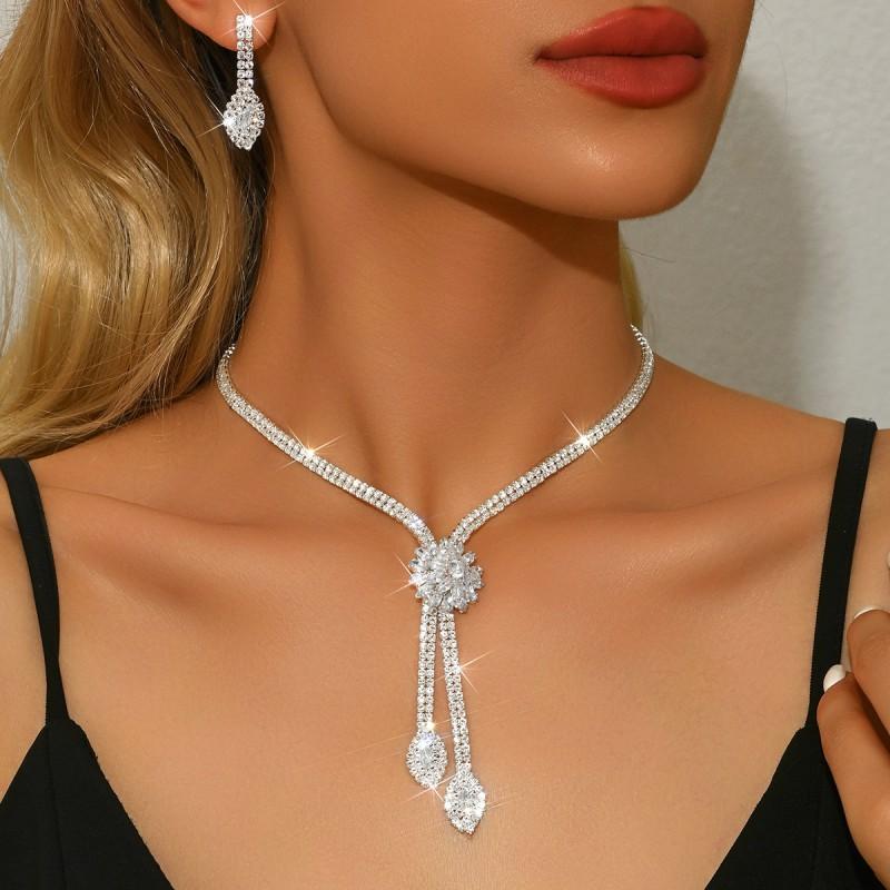 Floral Zircon Necklace Set Women Plated Bridal Jewelry With Earrings Elegant Wedding Party Accessory