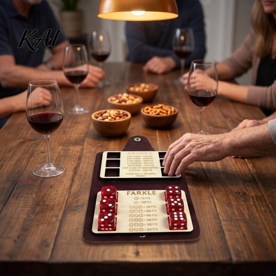 Compact Tabletop Games Farkle Dice Board Game, with Faux Leather Case, 6 Dices, Wooden Game Set Scoreboard, Portable for Travel Family Party Night