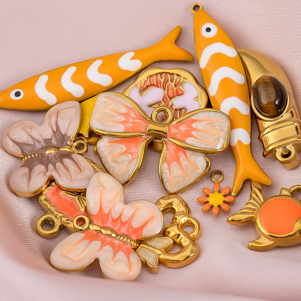 2pcs Stainless Steel Orange Enamel Retro Anklet Charm Bohemia Gold Plated Pendant Base for DIY Earring Necklace Jewelry Findings