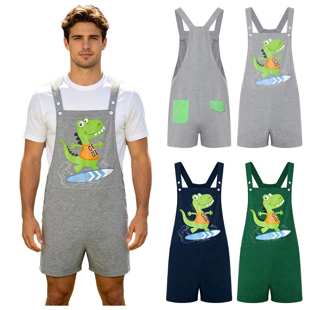 S-XXL Tuta Pigiama da Uomo con Stampa Dinosauro Cartone Animato Colore a Blocchi Posteriore Tasche Spallacci Regolabili Shorts a Salopette Tuta Pigiami