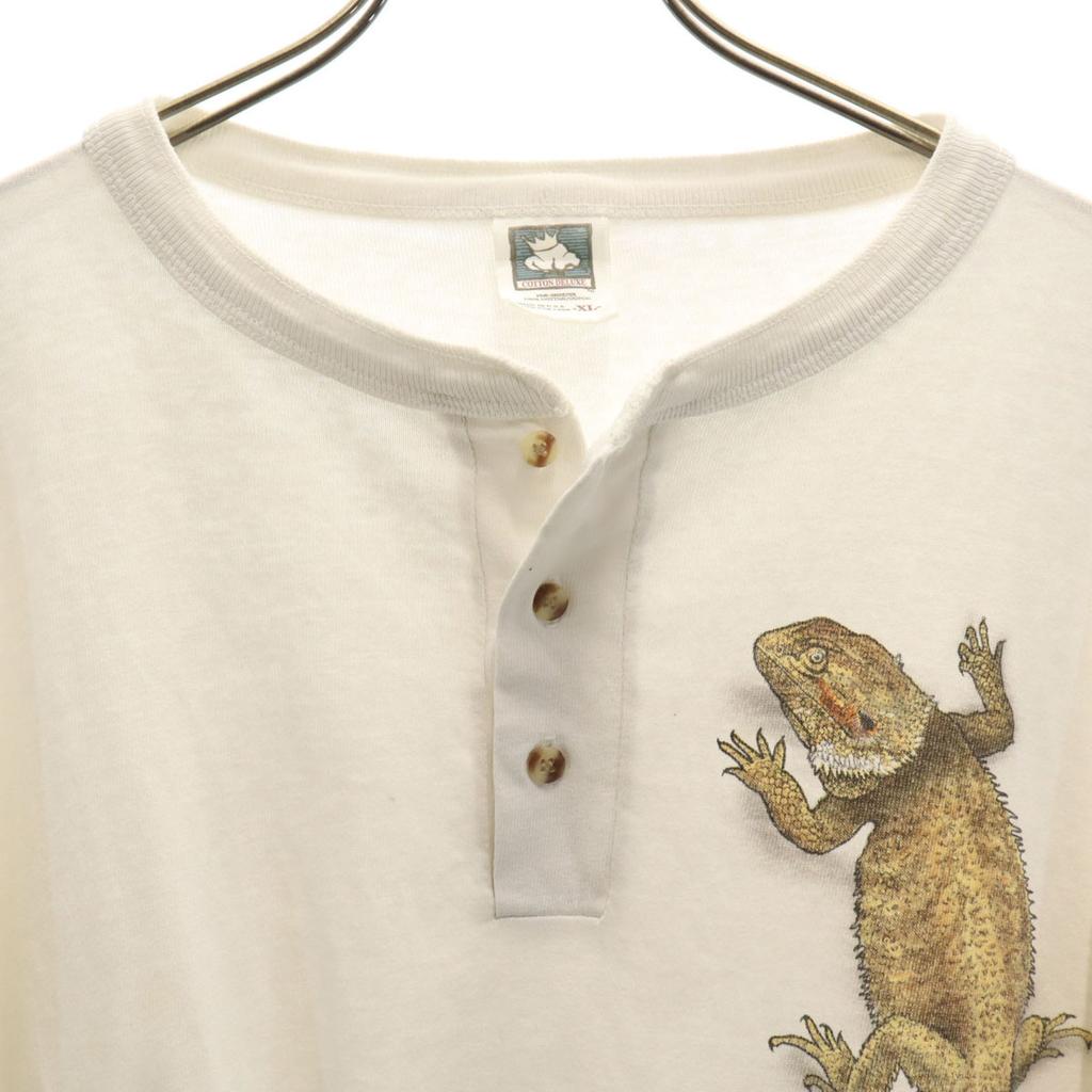 COTTON DELUXE 90s Made In USA Old Lizard Print Short Sleeve Henry Neck T-shirt Men's Used