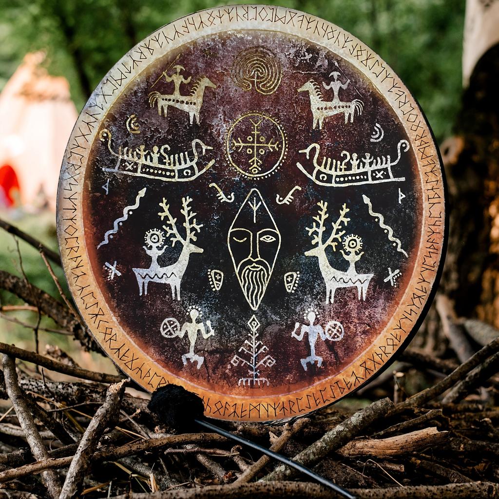 Viking Cave Drum with Handle Shamanic Rock Art Sound Healing Drum Vintage Tribal Design for Meditation Energy Healing  Gift