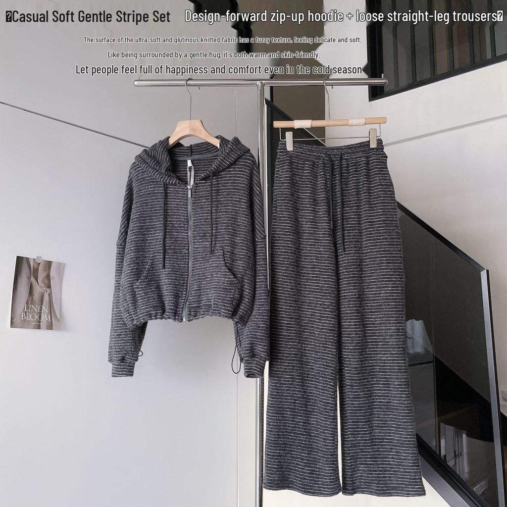 Women's Striped Hoodie & Wide-Leg Pants Slimming Sportswear Set