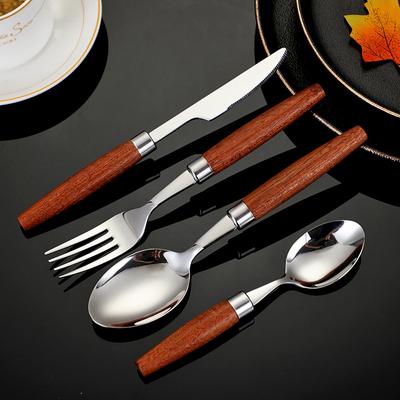 304 Edelstahl Silber Besteck mit Holzgriff Haushaltsmesser Gabel Löffel Teelöffel Küchengeschirr Utensilien