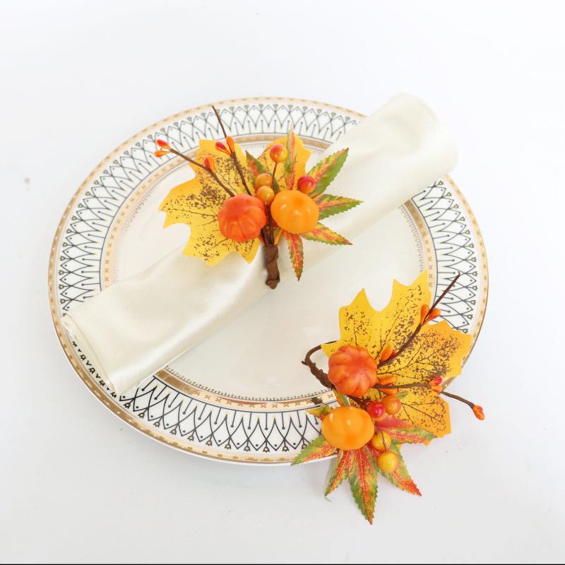 Double Pumpkin And Maple Leaf Napkin Rings Set Fall Thanksgiving Table Decor With Artificial Wreath For Halloween Dinner Party