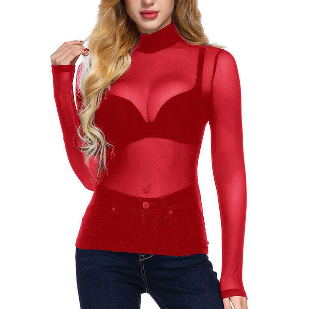 Damen Langarm Oberteil mit hohem Kragen Transparentes Mesh-Einsatz Lässige Bluse Hemd Addswhich