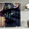 Colorful Halloween Cat Shower Curtain With Witch Hat Design For Bathroom Decoration Black Magic Theme