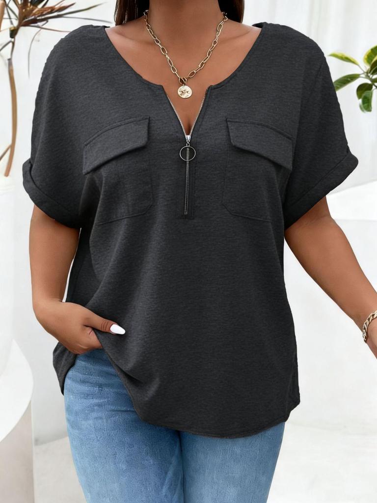 2026 Spring-Summer Solid Color Plus Size Women's Zipper Pocket Short Sleeve Loose T-Shirt