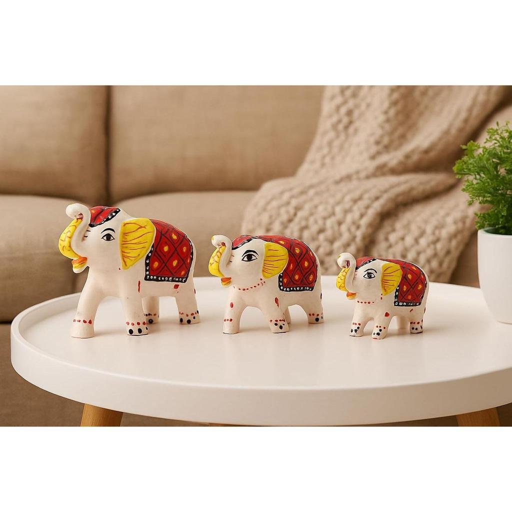 Paper Mache Handcrafted Set of 3 Elephant Action Showpiece Idols for Home Decor and Gift Purpose(White)