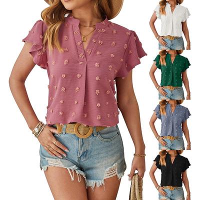 Women's Summer V-neck Short Sleeved Chiffon Big Wool Ball Temperament Commuting Shirt