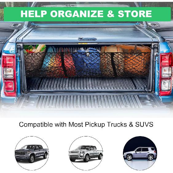 Cargo Net Trunk Bed Organizer For Ford/Dodge/GMC/Chevy Silverado/Toyota/Nissan/Honda Pickup Truck, 59" Longer Mesh Storage Net Grocery Holder Heavy