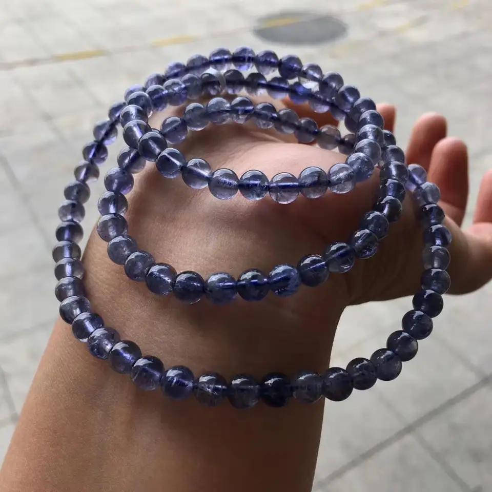Genuine Natural Blue Dichroite Cordierite Iolite 3 Laps Trendy Bracelet 6mm Women Crystal Bead AAAAA