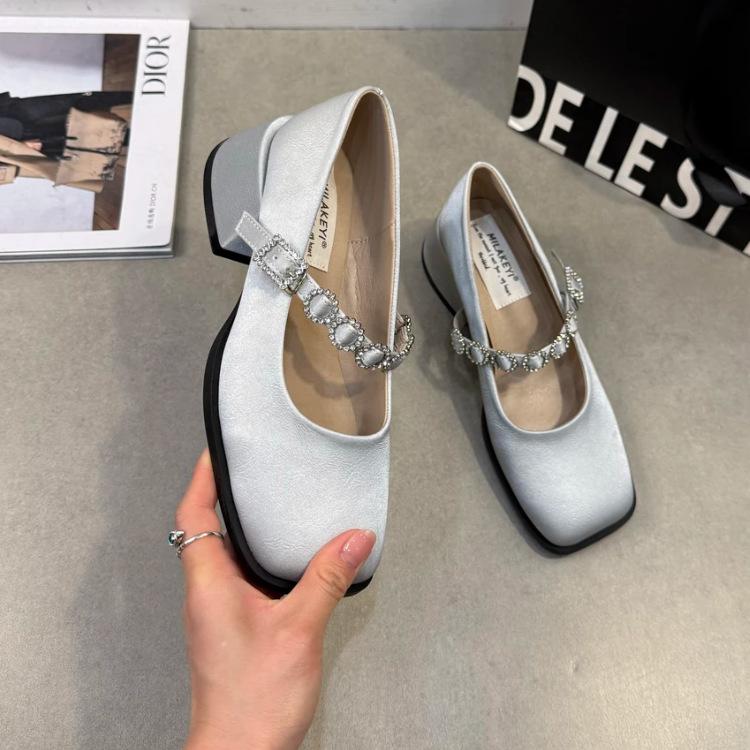 Fashion Women's Fashion High Heel Single Shoes Autumn New Square Head Shallow Mouth Rhinestone Thick with Temperament Mary Jane Shoes