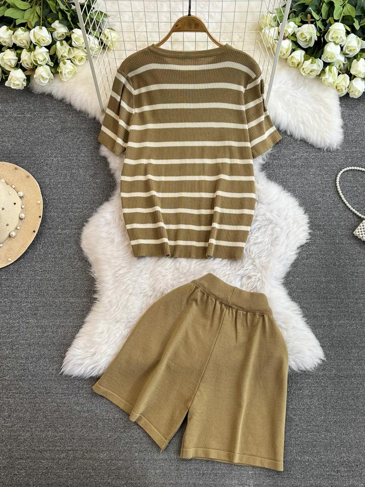 Summer Women Casual Knitted Sweater Pant Set Single Breasted Striped Tops and Shorts Chic Student Two Piece Suit