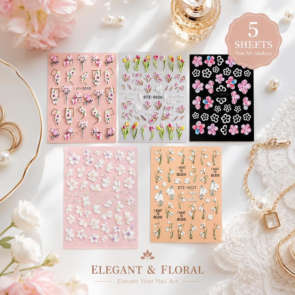 5-Sheet Nail Art Stickers, 3D Embossed Nail Stickers, DIY Nail Art Accessories for Women Home and Salon Manicure