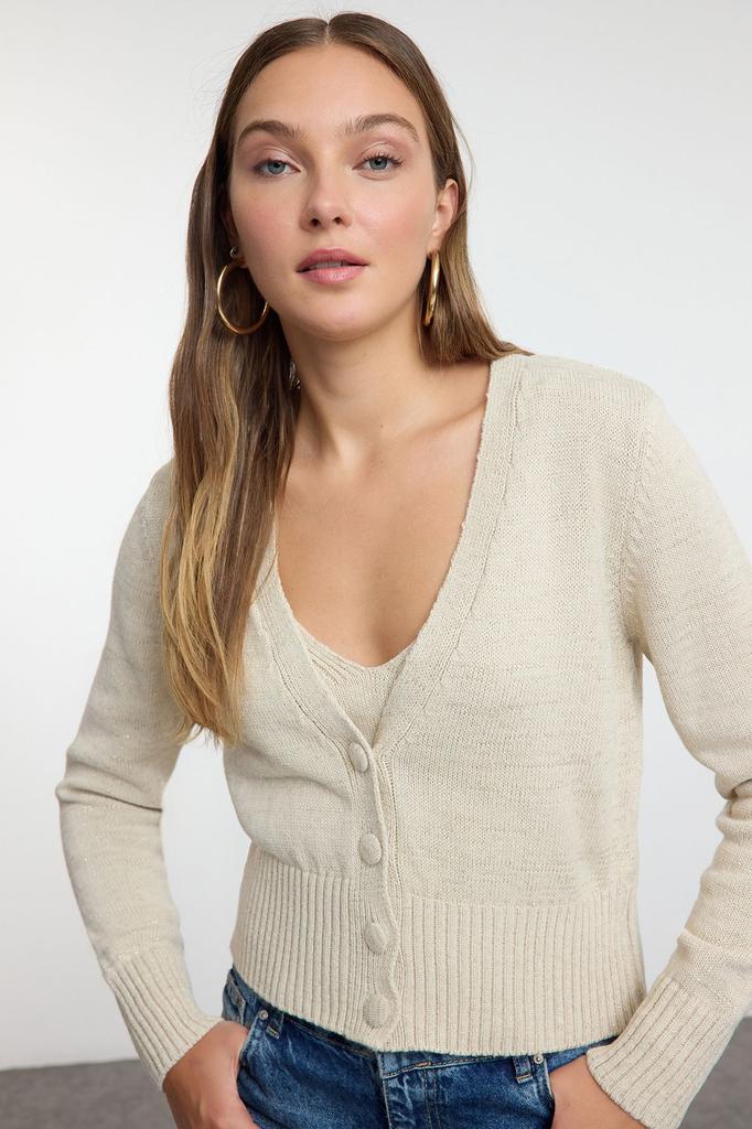 Women's Elegance Style Cardigan Tile Crop Blouse-Cardigan Set Knitwear Cardigan