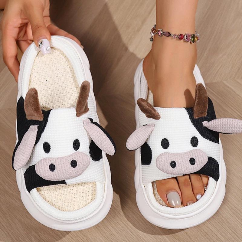 Universal Cow Print Linen Slippers: Cute, Non-Slip, Odor-Proof, Four Seasons, Thick Sole