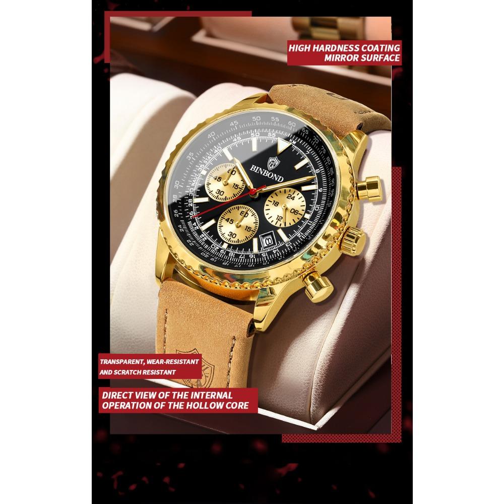 BINBOND Top Brand Man Quartz Watch Waterproof Luminous Date Chronograph Leather Wristwatch Military Sports Luxury Men's Watches