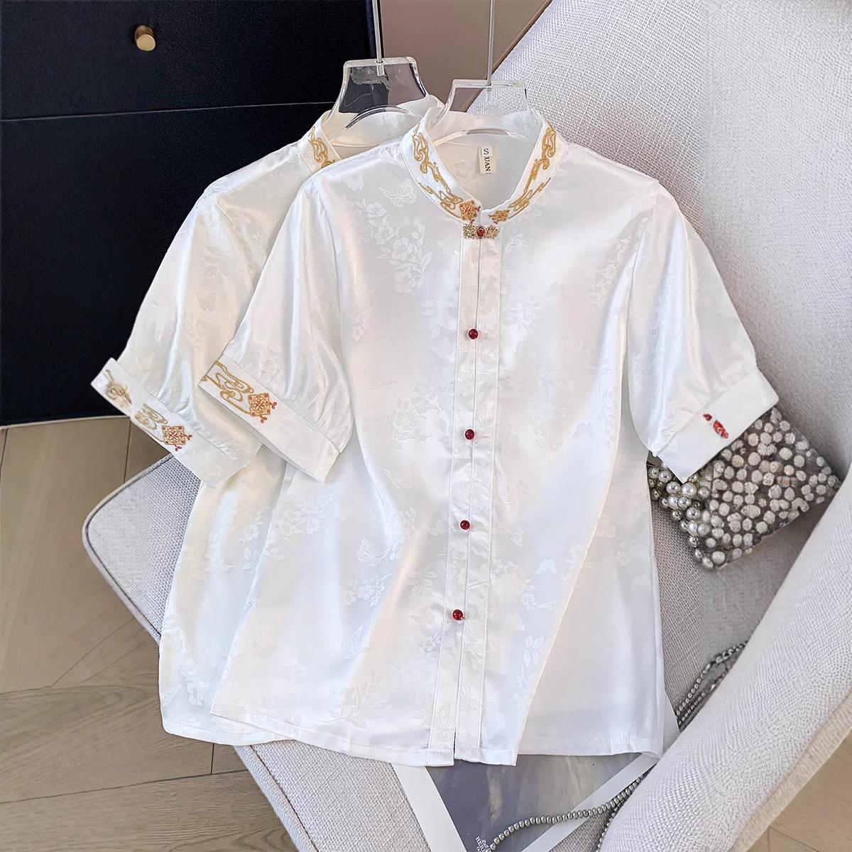 

Women s Mid-Sleeve Jacquard Embroidery Hanfu Shirt with Frog Buttons Large белый