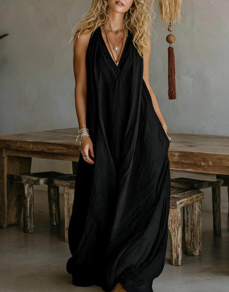 Damen Sommer Locker Ärmellos Schickes Maxikleid, Einfarbig Patchwork Elegantes Partykleid Lässig Einfach V-Ausschnitt Damenkleider