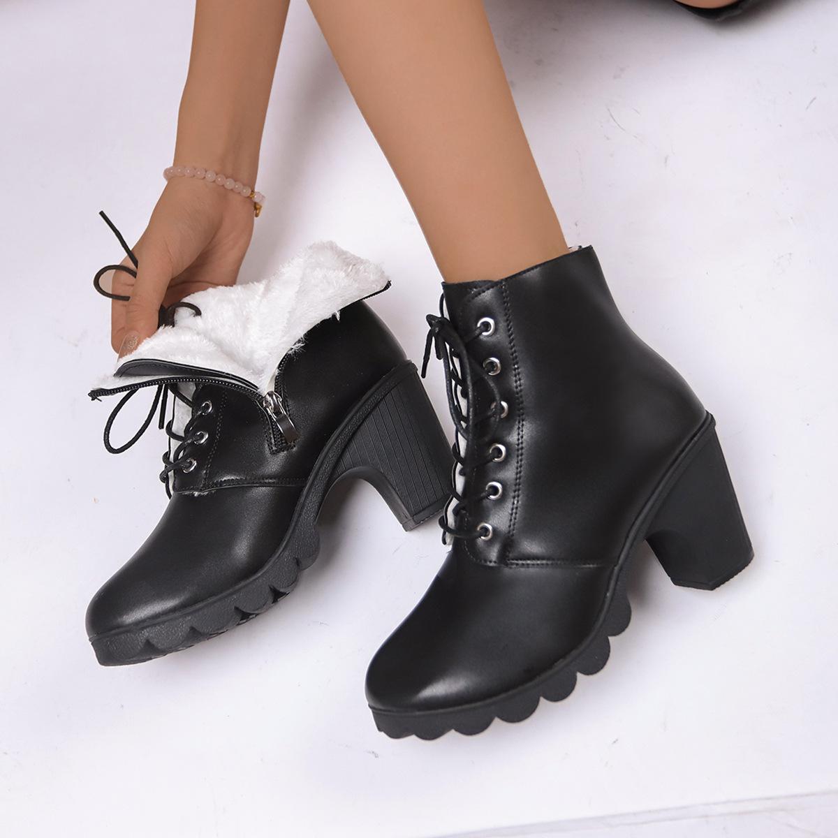 

Осенне-зимние ботинки Martin из искусственной кожи средней высоты для женщин, боковые молнии большого размера, высокие флисовые сапоги на каблуке 35-42 39