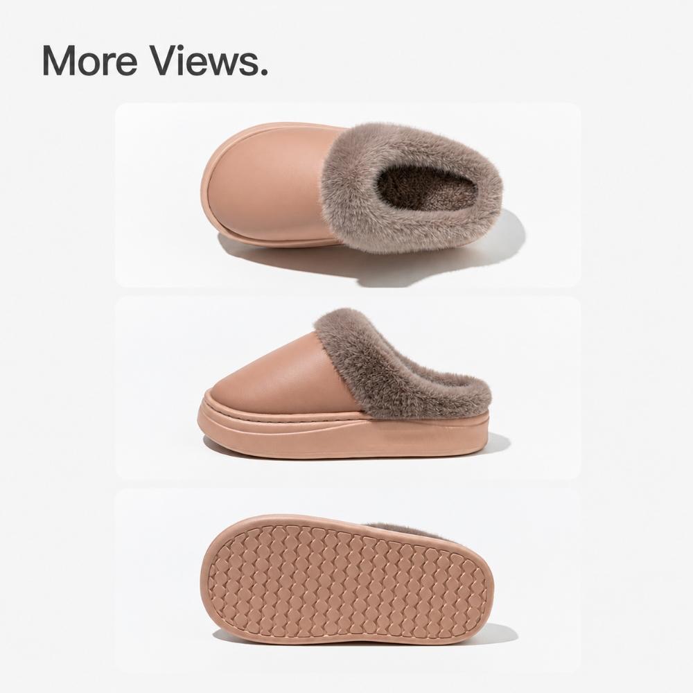 Unisex Closed-Toe House Slippers with Plush Lining, PU Upper, Thick EVA Sole and Slip-On Design for Indoor Winter Wear
