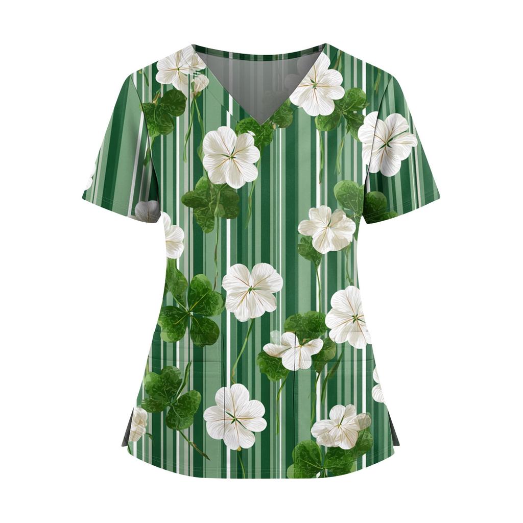 Frauen St. St. Patrick's Day Druck V-Ausschnitt Doppeltasche Kurzarm Uniform Oberteil mit geschlitztem Saum