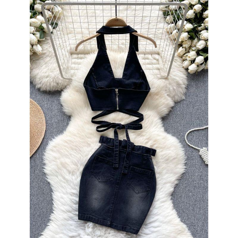 American Style Sexy Denim Tied Slim Fit Short Halterneck