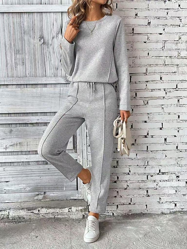 Completo da Donna Moda a Manica Corta con Scollo Rotondo e Taschino, Pantaloni a Gamba Dritta
