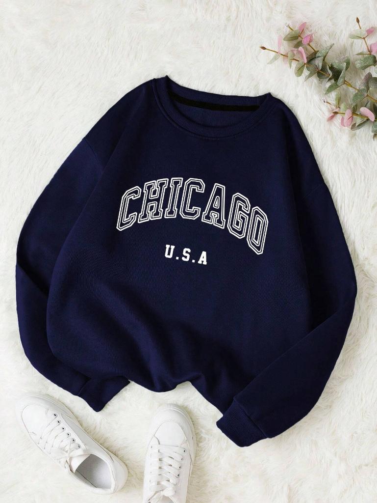 Damskie bluzy dresowe casualowe z nadrukami literowymi Chicago USA, pulower modny z okrągłym dekoltem, oversize, hoodie z polaru, ciepłe ubrania jesienne dla kobiet