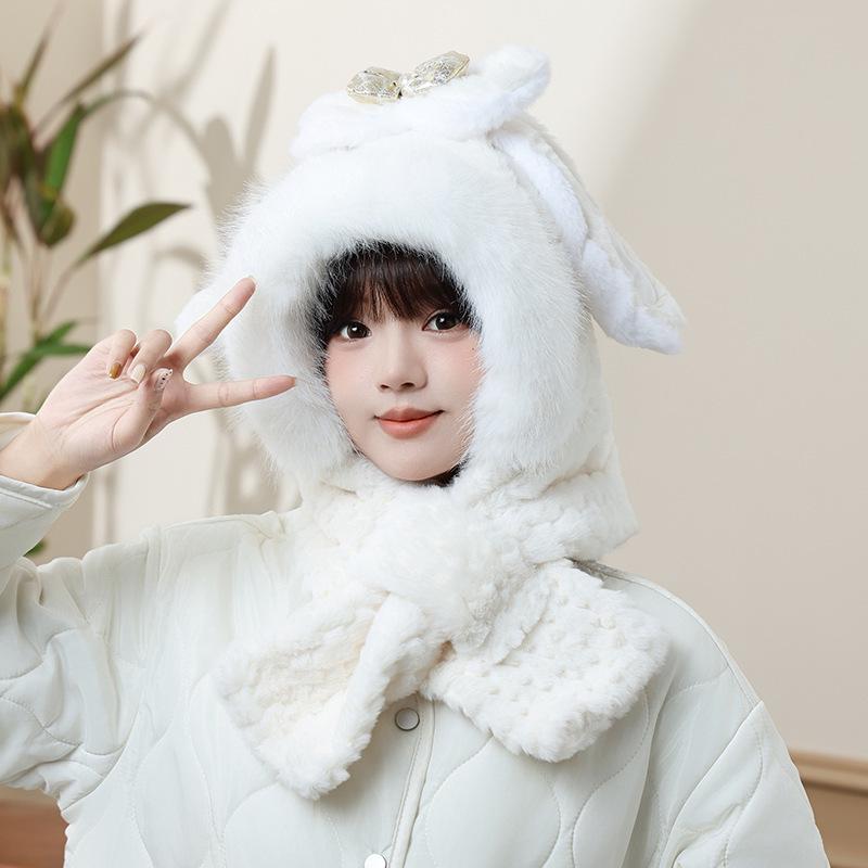 Women's Cozy Fox Ear Plush Hat with Integrated Scarf - Warm, Soft Lei Feng Design for Autumn and Winter. Perfect Ear Protection for Students.
