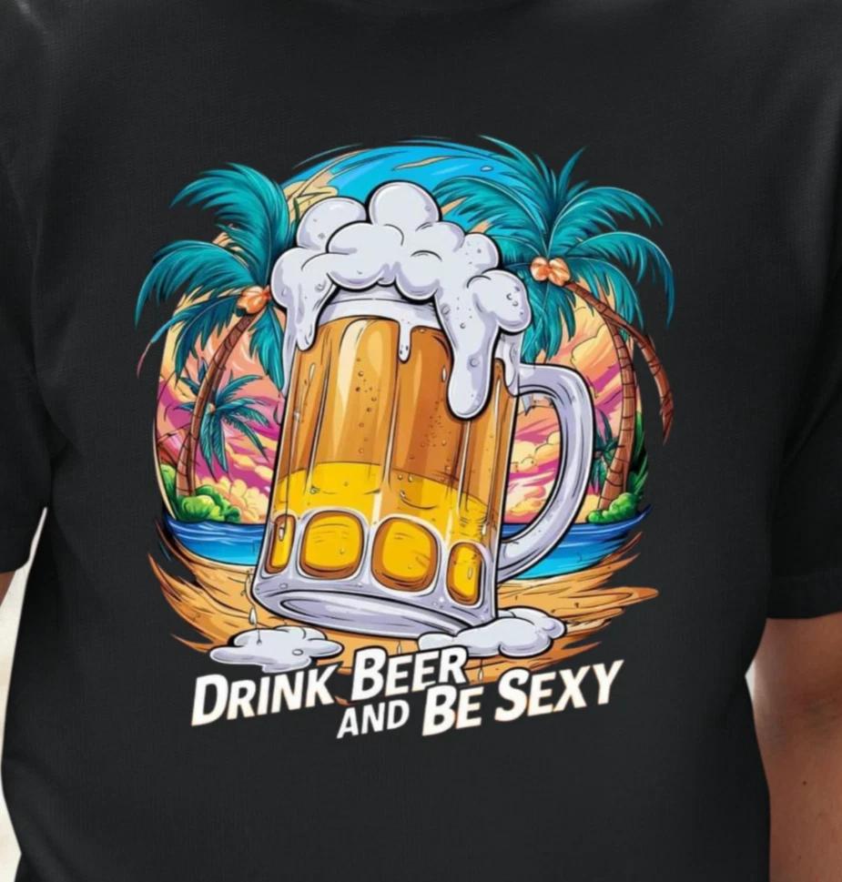 Drink Beer and Be Sexy T-Shirt, Tropical Beer Mug Shirt, Palms Ocean Sunset Tee XL