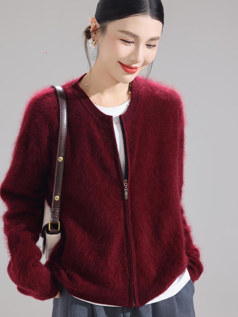 Women's Round Neck 100% Wool Plush Cardigan - Heavyweight, Zipper, Versatile Base Layer Sweater Coat