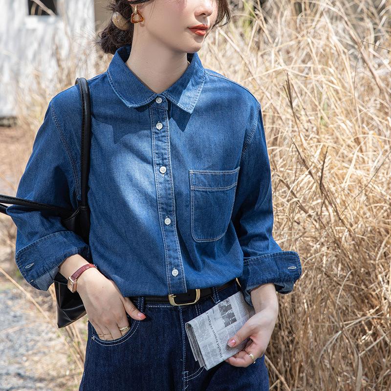 Blue Denim Shirt Women's Spring and Autumn Stacking Design Sense Niche Retro Hong Kong Style Loose Long-sleeved Top
