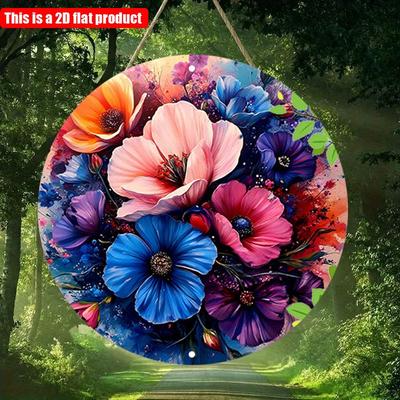 2D Flat 20*20cm 1pc Colorful Vibrant Flower Pattern Arrangement Wall Art Decor, Vintage&mysterious Round Hanging Sign with Colorful Petals and Pollen