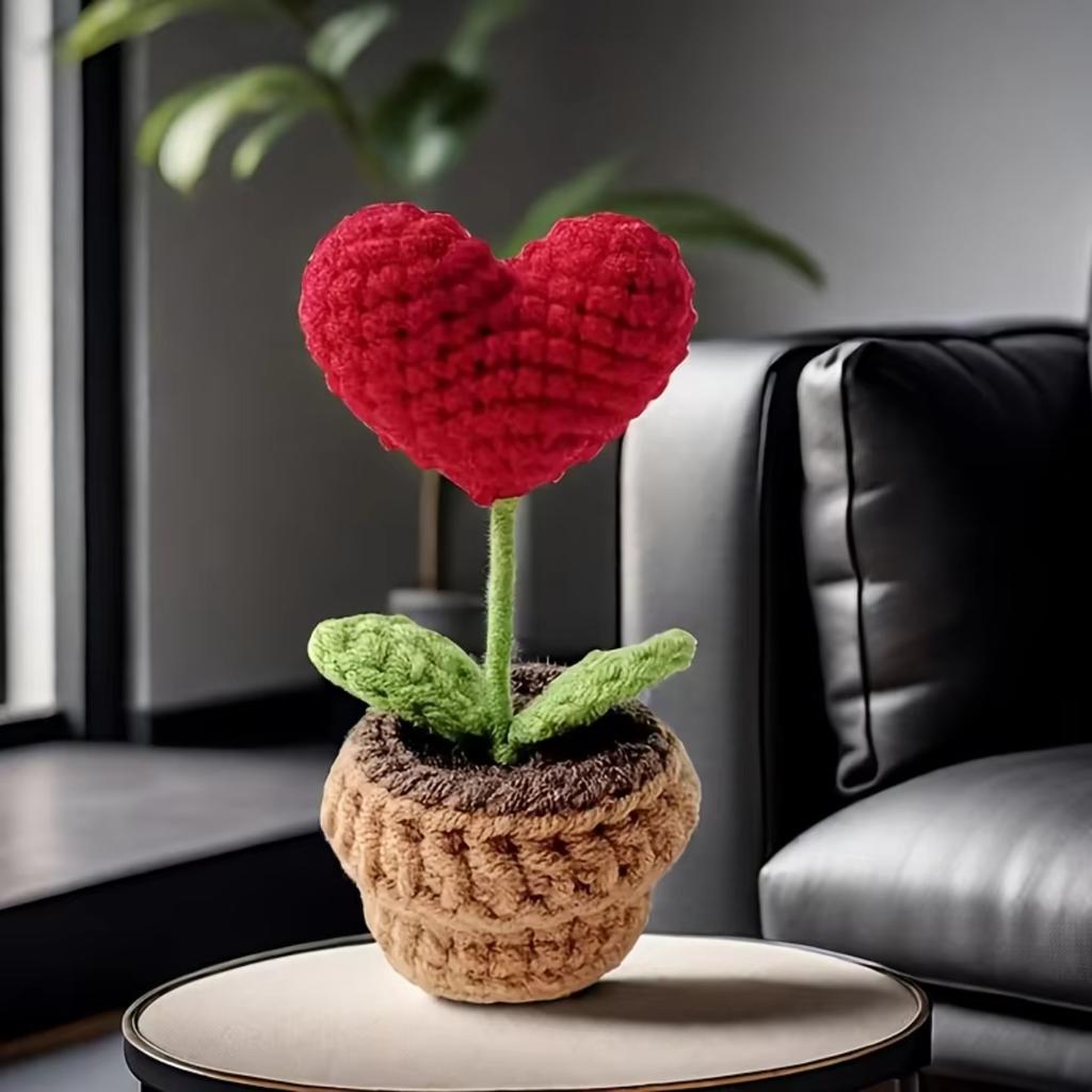 Handmade Knitted Flower Pot Red Heart Shaped Knit Imitation Potted Plant Valentine's Day Mother‘s Day Wedding Gift