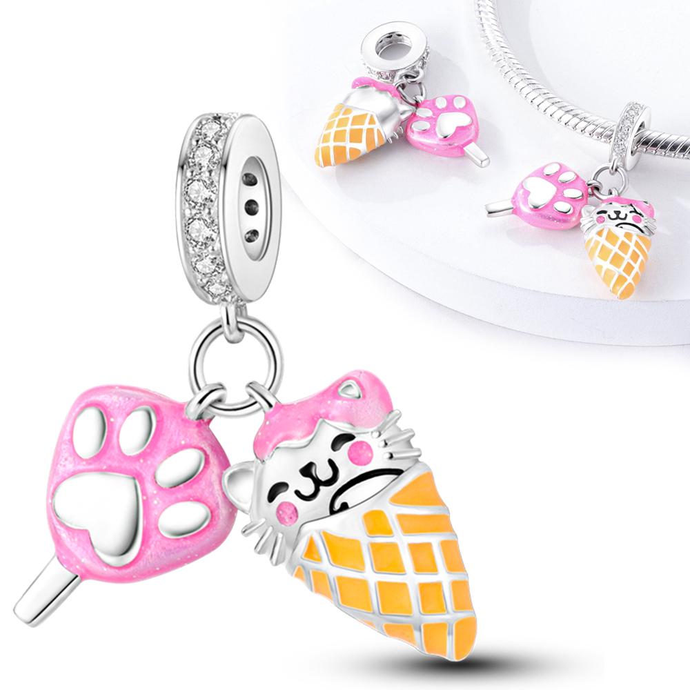 

Charms Plata Paw Print Ice Cream Cat Ice Cream Pendants Fit Original Bracelets Charms For Women Jewelry Diy Making Gifts