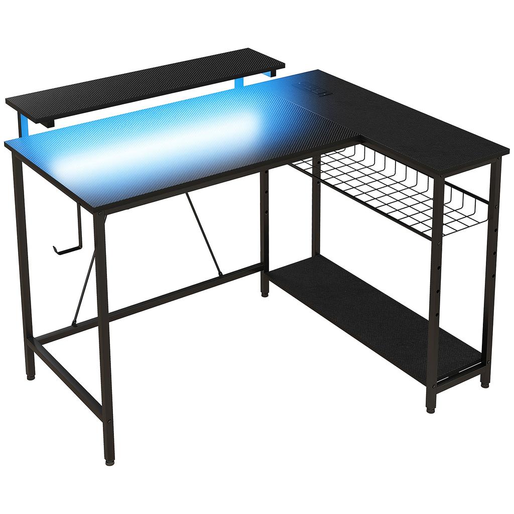 Scrivania a L con LED, Prese, USB, Scrivania per Computer Reversibile con Mensola, 107 x 80 x 90 cm, Nero